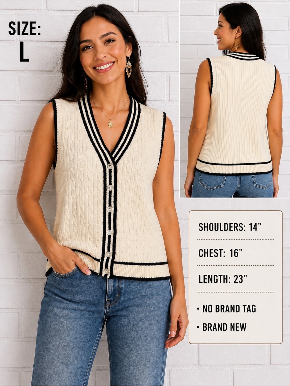 Classic Cable Knit Sweater Vest Cream & Black Button Front Women’s preppy chic/L